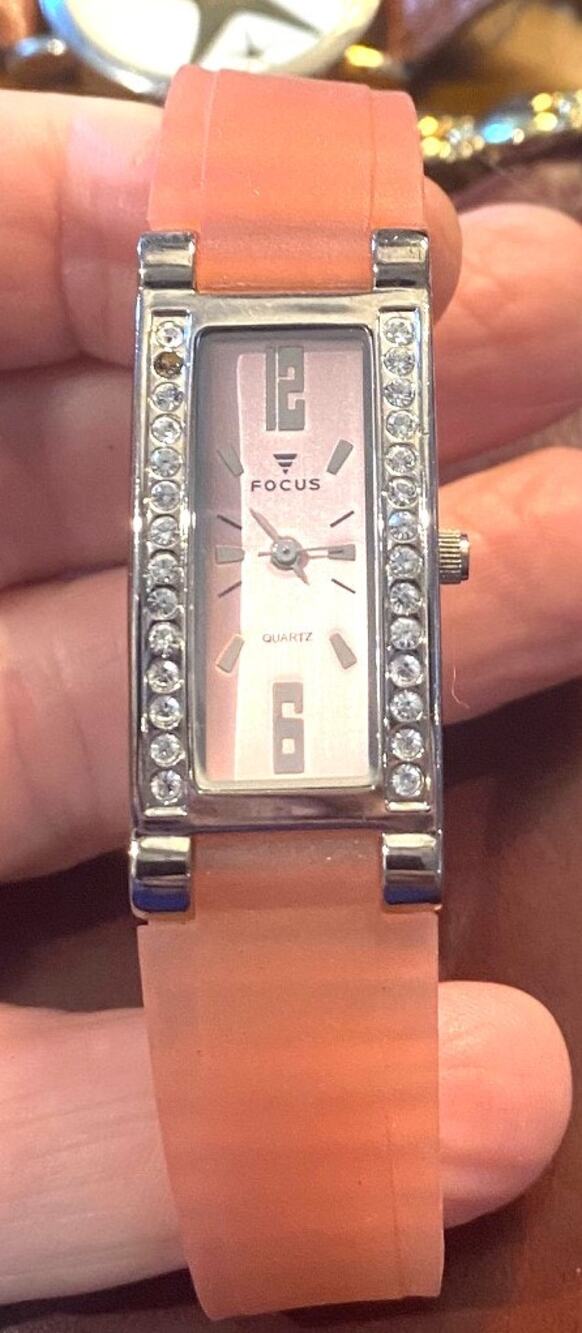 Women's Focus Quartz Watch, Silver Tone with Crystal Accents, Pink Band